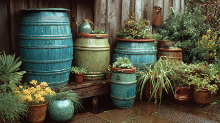 A collection of vibrant blue and green barrels adorn a verdant garden, each uniquely adorned with various plants. A harmonious fusion of nature and artistry. 