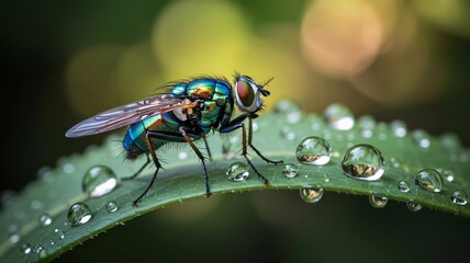 Macro photo vibrant metallic fly resting on green leaf with water droplets