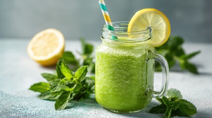 A cool mint lemonade is served in a clear glass jar, garnished with a lemon slice and fresh mint leaves. The drink is inviting and perfect for warm weather.