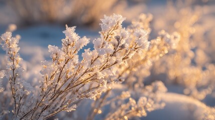 In a peaceful winter scene, delicate branches covered in frost catch the morning light, creating a beautiful contrast against the snowy ground. Nature showcases its winter beauty.
