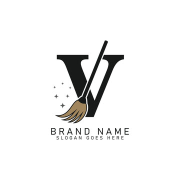Letter V House Cleaning Broom Logo. Alphabet V Cleaning Brush Icon