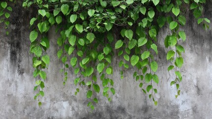 Green leaves hang down gracefully from a lush vine, contrasting beautifully with the textured gray wall behind them. This scene captures the tranquility of nature in an outdoor space.