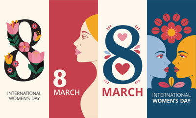 Poster International Women’s Day illustration set featuring floral number eight designs, female profiles, symbolic art, and modern feminine style