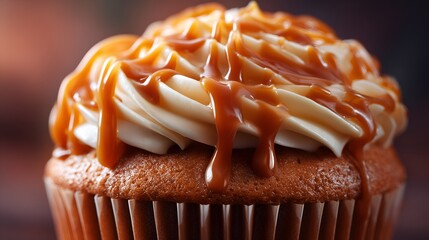 Close-up of a cupcake topped with shiny caramel drizzle and cream cheese, warm tones and appetizing texture details. Ideal for recipe book or web site, culinary blog and menu