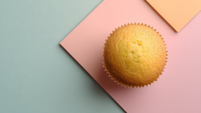 Minimal flat lay of a vanilla muffin on a pastel background with empty space for text or logo, clean modern styling and soft neutral tones. Ideal for recipe book or web site, culinary blog and menu