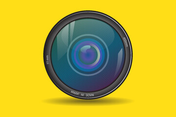 Front view of photo camera lens isolated on yellow background. modern
