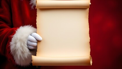 Santa holding a blank parchment scroll creates a festive christmas background with a joyful winter celebration theme and iconic holiday spirit
