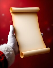 Santa gently holding an empty parchment scroll against a soft festive christmas background highlights joyful winter celebration spirit with magical traditional charm