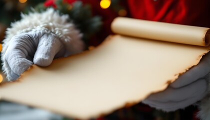 The iconic santa hand holding an aged parchment scroll provides a traditional christmas background perfect for joyful winter celebration wishes and greetings
