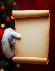 Santa in a white glove lifting a vintage blank parchment scroll offers a bright christmas message space filled with warm holiday celebration atmosphere