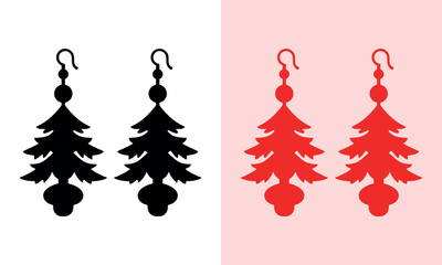 Monochrome and Red Stylized Christmas Tree and Bauble Dangle Earring Jewelry Silhouette