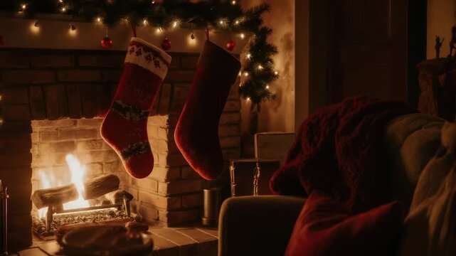 Cozy interior scene with stockings hung by a fireplace, illuminated by firelight and fairy lights