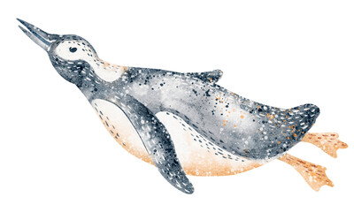 Watercolor penguin in floating pose. Illustration isolated figure for card or poster. Educational drawing for kids learning and aquatic wildlife themes.