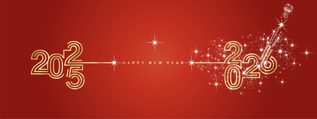 Fototapeta premium New year event 2026 compact golden triple line design in shape of foreward arrow and backward for 2025. Concept of new year transition with white champagne firework golden red vector greeting card