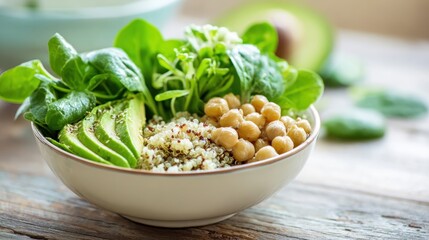 A vibrant bowl filled with leafy greens, sliced avocado, quinoa, and chickpeas is placed on a wooden table. The bright kitchen setting adds a fresh feel, showcasing healthy eating.