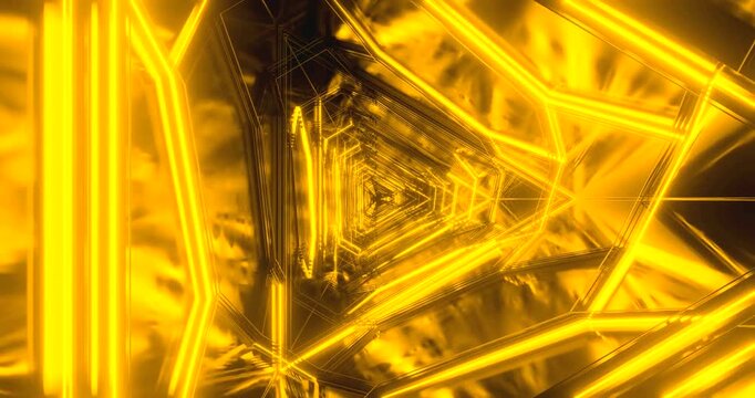 Innovative tunnel video loop displaying glowing geometric patterns in a seamless transition through vibrant yellow tones