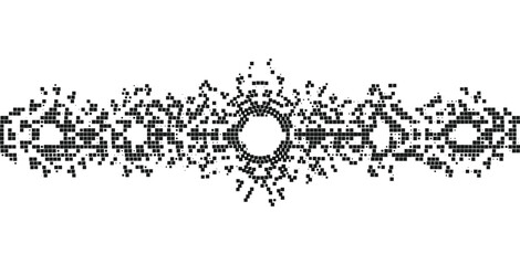 Pixel scatter geometric border in monochrome black with fragmented mosaic motifs forming a decorative ornamental band perfect for cultural crafts modern graphics and artistic design layouts