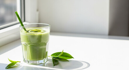 Fresh green smoothie in glass with straw on white windowsill