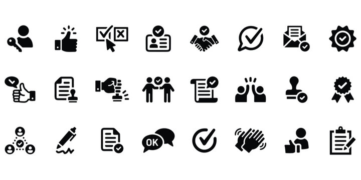 Collection of approval and validation icons isolated on on white background