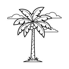 Simple black and white drawing of a palm tree with coconuts and clouds