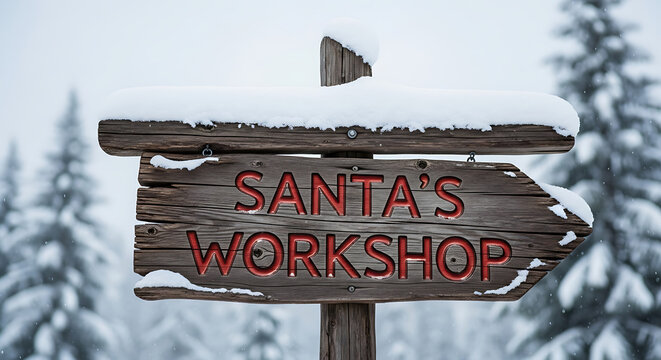 Santa's workshop sign covered in snow in a winter forest with blurred trees in the background