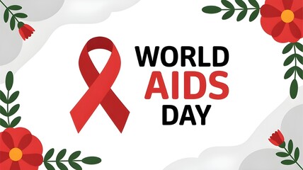 World aids day banner with red ribbon, flowers and leaves isolated on white background to raise awareness and show support for people living with hiv
