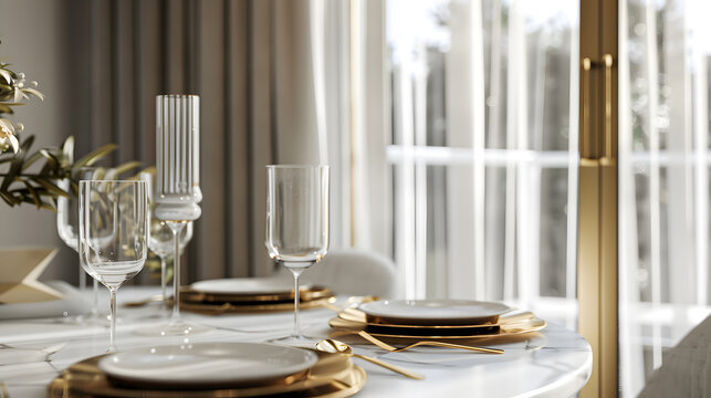 elegant dining room with marble table, gold cutlery, designer chairs, soft sunlight through sheer curtains, refined contemporary interior, editorial photography