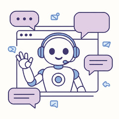 Friendly Chatbot Customer Service Agent with Headset and Communication Bubbles.