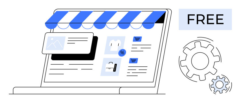 Laptop with storefront interface, product listings, discount tag, and gear icons. Ideal for e-commerce, marketing, digital stores, freelancing, customization free tools simple flat metaphor