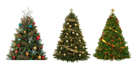 Three Decorated Christmas Trees in Multicolor, Bronze, and White Themes &ndash; Isolated PNG