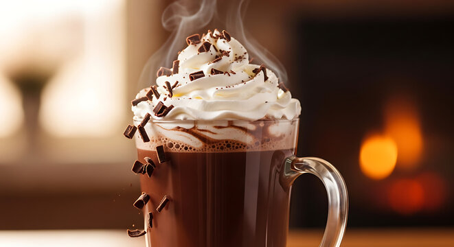 Steaming hot chocolate with whipped cream and chocolate shavings in a clear glass mug indoors - Powered by Adobe