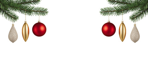 christmas border with pine branches and hanging red and gold ornaments, isolated transparent png decoration