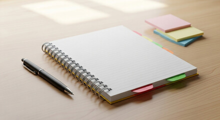 Naklejka premium Blank notebook with pen and colorful sticky notes on wooden table 