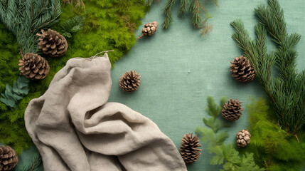 Natural Winter Flat Lay with Pinecones and Fabric