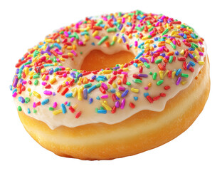 Single frosted donut with colorful sprinkles, isolated on transparent background, sweet dessert concept, sharp and realistic texture