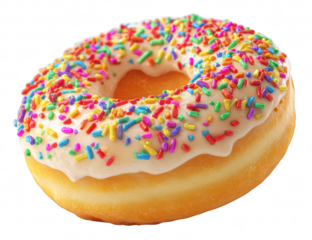 Single frosted donut with colorful sprinkles, isolated on transparent background, sweet dessert concept, sharp and realistic texture