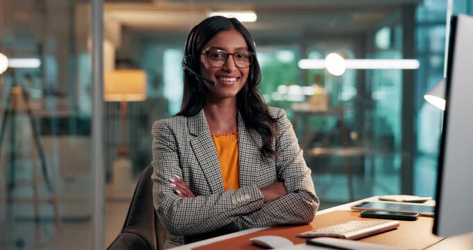 Face, call center and happy man with arms crossed, computer and night with pride. Evening, person and consultant in office, pc and smile with confidence, customer service and help desk with crm