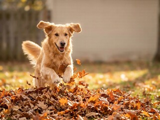 Happy Golden Retriever dog running through orange autumn leaves, kicking them up in warm sunlight.