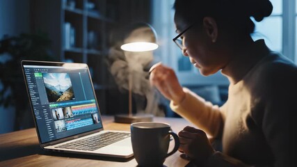 A creative woman, focused on her laptop as she works through edits, sits in a dimly lit room surrounded by the tools of her digital trade, capturing the concept of personal editing and inviting.