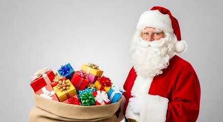 A jolly Santa Claus in his classic red suit stands beside a large sack overflowing with colorful Christmas presents.