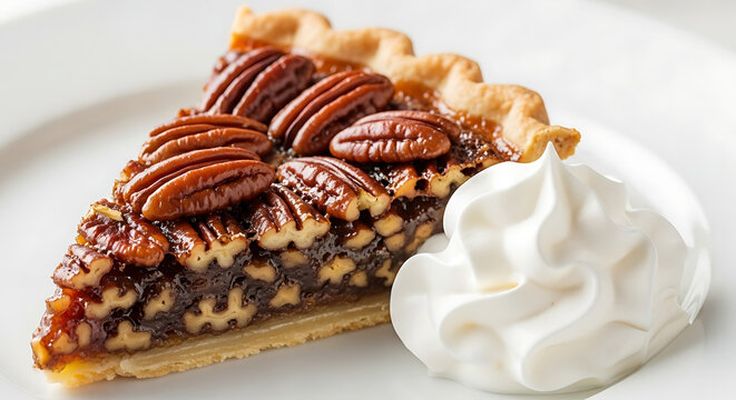 A slice of pecan pie with whipped cream on a white plate close up delicious dessert sweet treat indulgence