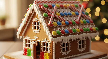 Close up of a decorated gingerbread house with candy canes and colorful candies on the roof top
