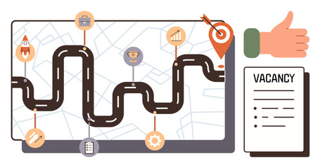 Winding road with career milestones on map, target destination marked, job vacancy form, thumbs-up gesture. Ideal for career planning, recruitment, goal setting, success, growth opportunity simple