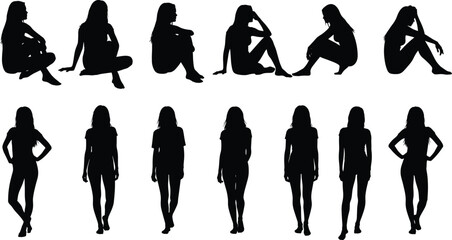 Silhouette, human, posture, seated pose, standing pose, gesture, anatomy, reference, black figure, character design, drawing, sketch, model, art, pose pack, sitting, walking, arms, legs, 