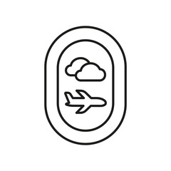 Airplane Window View Line Icon. Travel Experience, Aviation Journey, And In-Flight Perspective Outline Symbol. Cloud And Aircraft. Editable Stroke. Isolated Vector Illustration