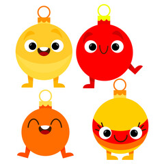 Set of smiling colorful Christmas tree decoration balls characters