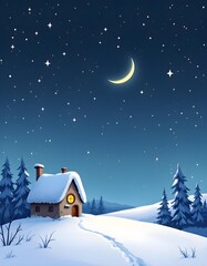 A serene winter cottage covered in snow rests in moonlight creating a gentle hand drawn christmas illustration with charming cosy beauty