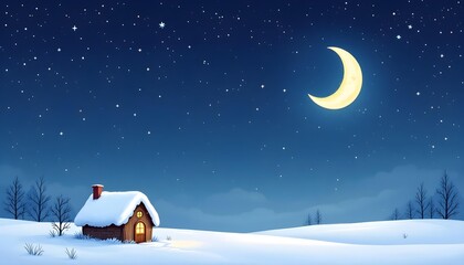 A cosy hand drawn winter cottage with glowing window rests beneath a friendly crescent moon creating a peaceful christmas illustration filled with snowy charm