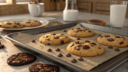 Freshly baked chocolate chip cookies cooling on a baking sheet with milk and more cookies in the background on a kitchen counter
