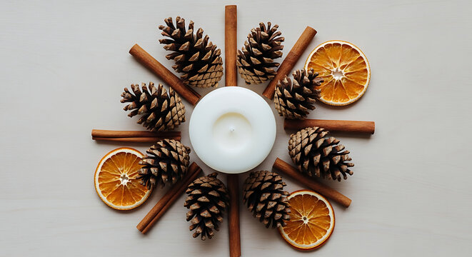 A white candle surrounded by pine cones cinnamon sticks and dried orange slices on a light background